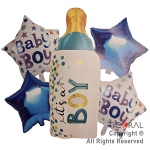 SET DE GLOBOS METALIZADO BABY BOY MAMADERA CELESTE 5 UNIDADES X 1